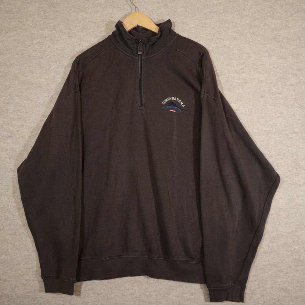 Tommy Bahama Relax Mens XL Quarter Zip Sweatshirt Brown Cotton Marlin Logo Y2K